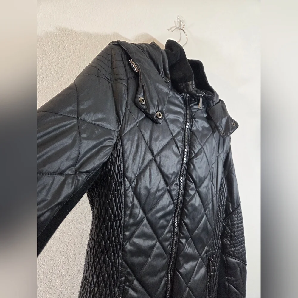 BCBGeneration Black Longline Quilted Lightweight Detachable Hood Puffer Coat